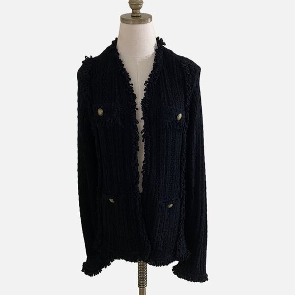 LINI Black Boucle Knit Cardigan Silk Blend Size Small Open Front Pockets Fringe - Picture 2 of 10